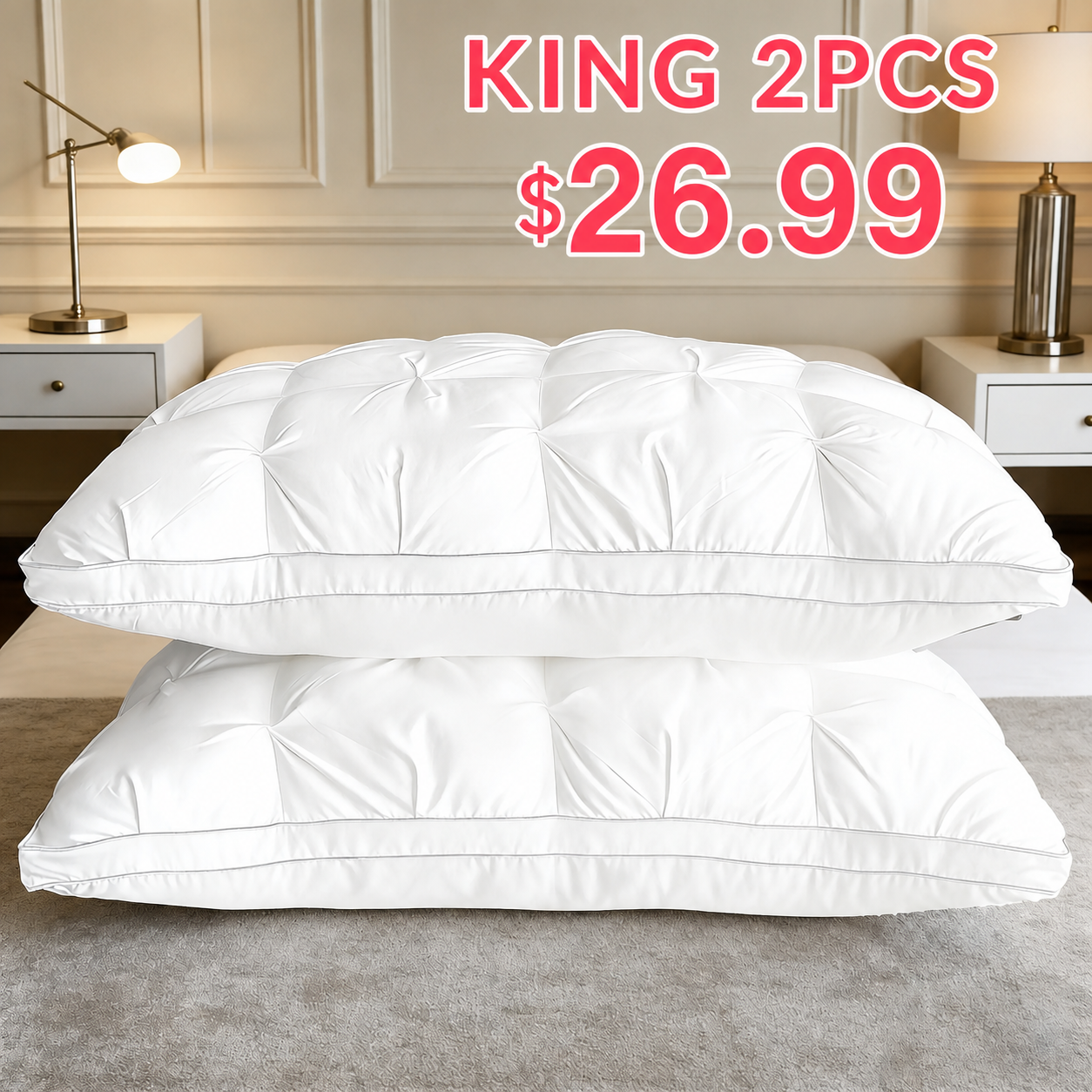 King 2-Pack White Tufted Polyester Bed Pillow Set