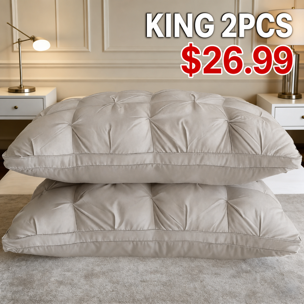 King 2-Pack Gray Tufted Polyester Bed Pillow Set