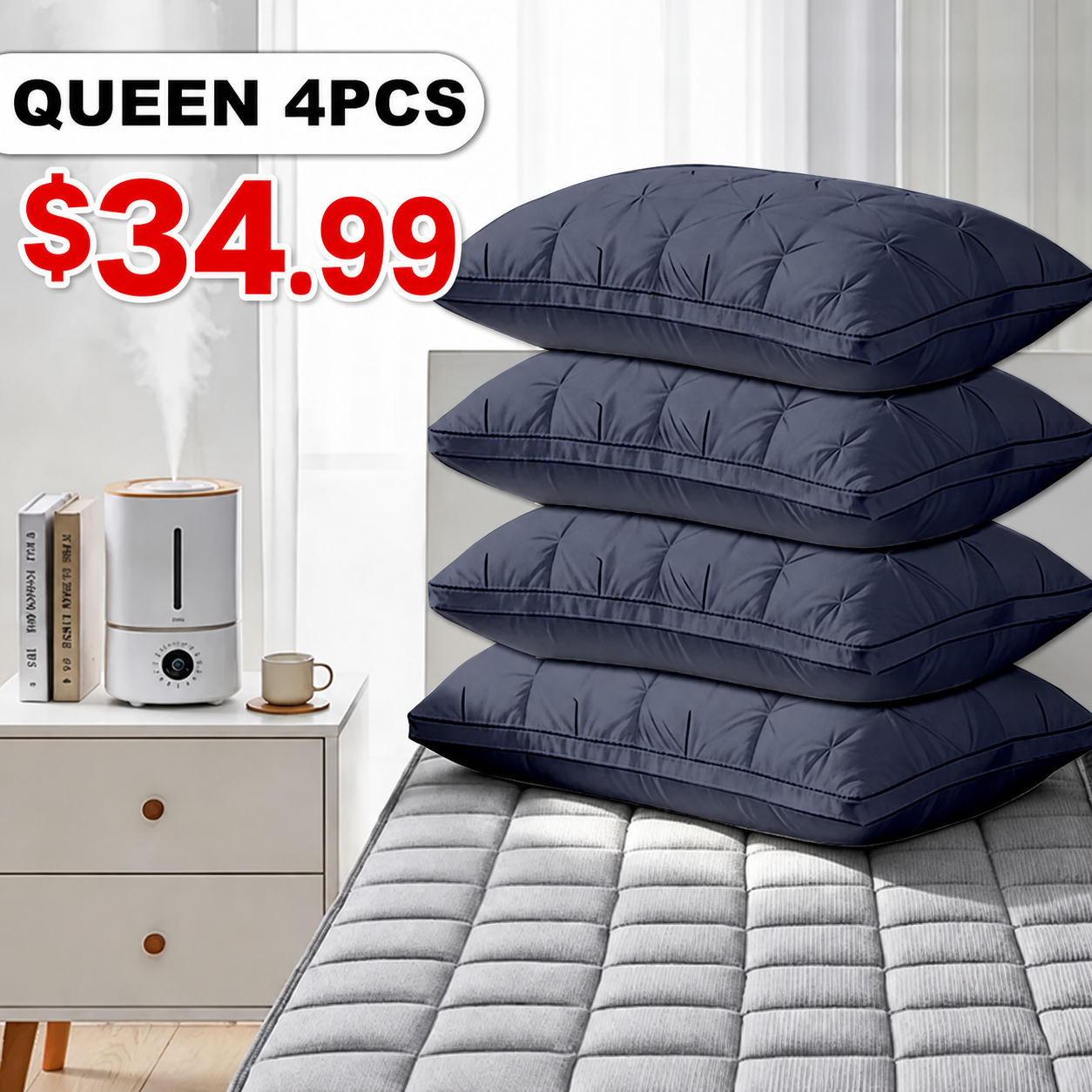 Queen 4-Pack Navy Blue Tufted Polyester Bed Pillow Set
