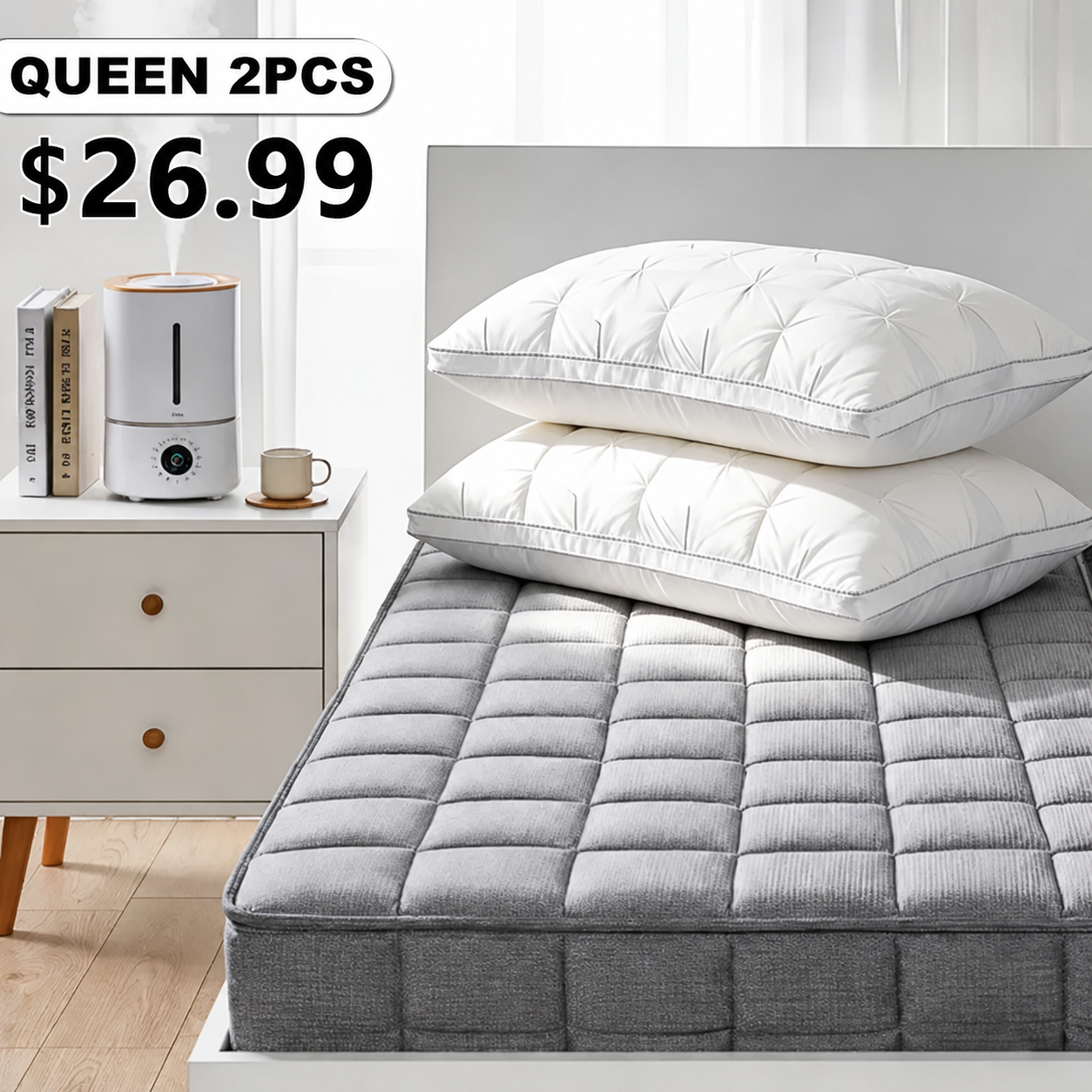 Queen 2-Pack White Tufted Polyester Bed Pillow Set