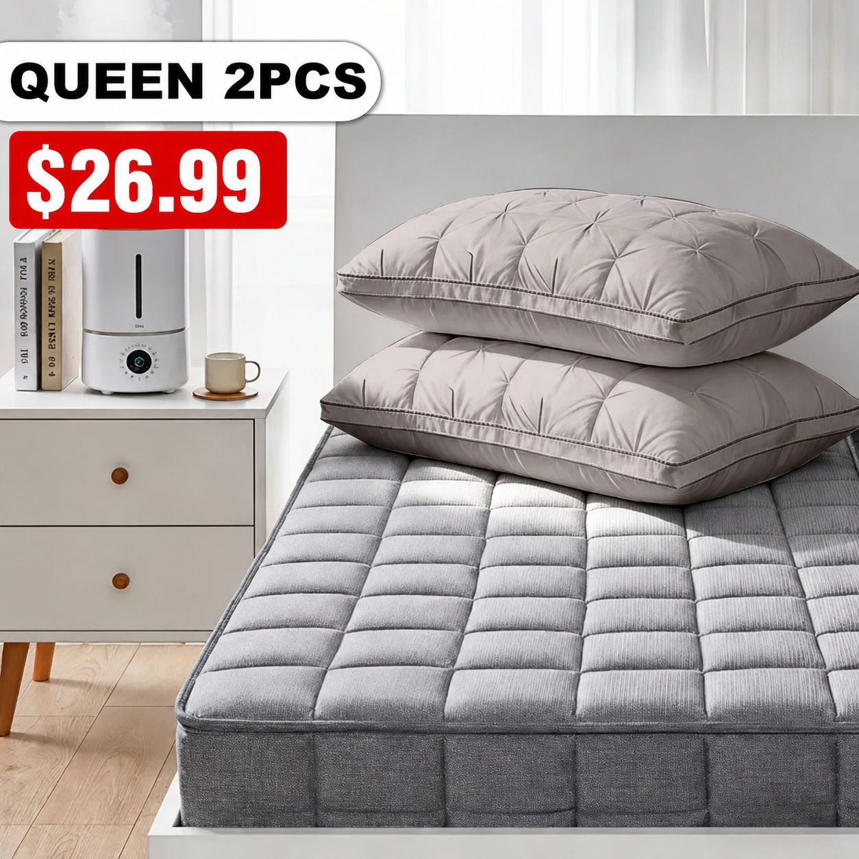 Queen 2-Pack Gray Tufted Polyester Bed Pillow Set