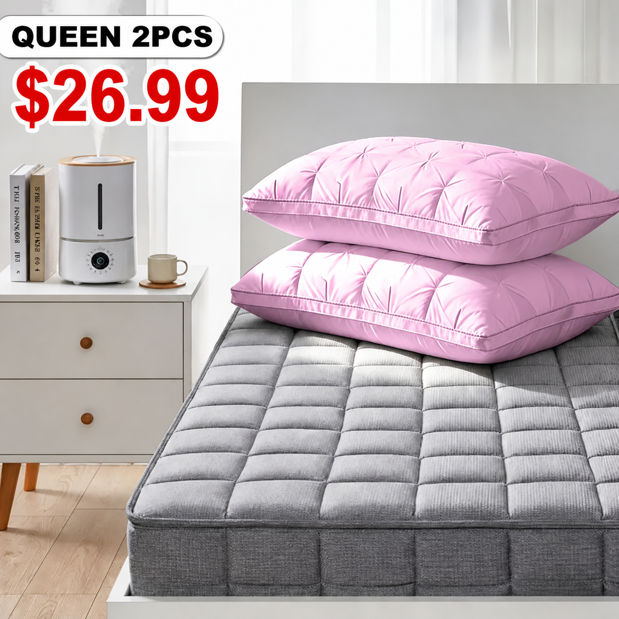 Queen 2-Pack Pink Tufted Polyester Bed Pillow Set