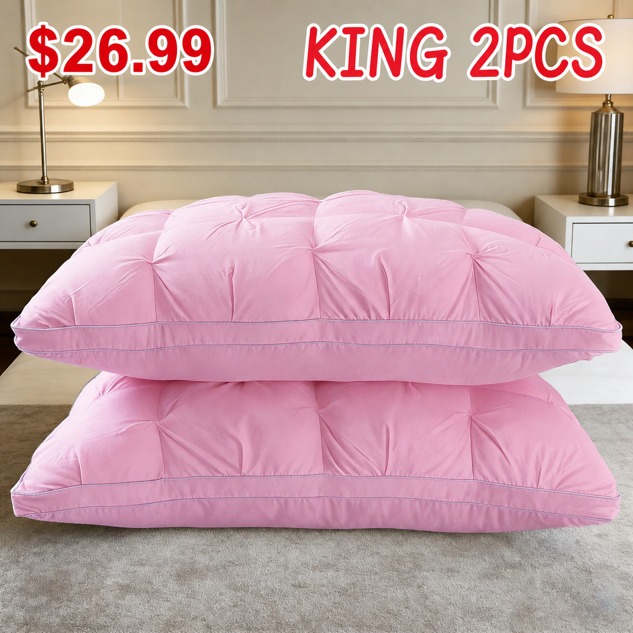 King 2-Pack Pink Tufted Polyester Bed Pillow Set