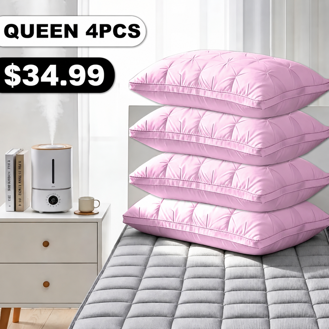 Queen 4-Pack Pink Tufted Polyester Bed Pillow Set