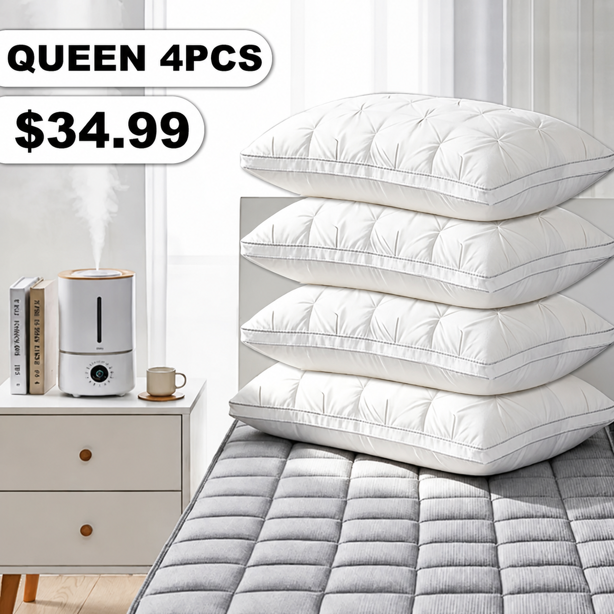 Queen 4-Pack White Tufted Polyester Bed Pillow Set