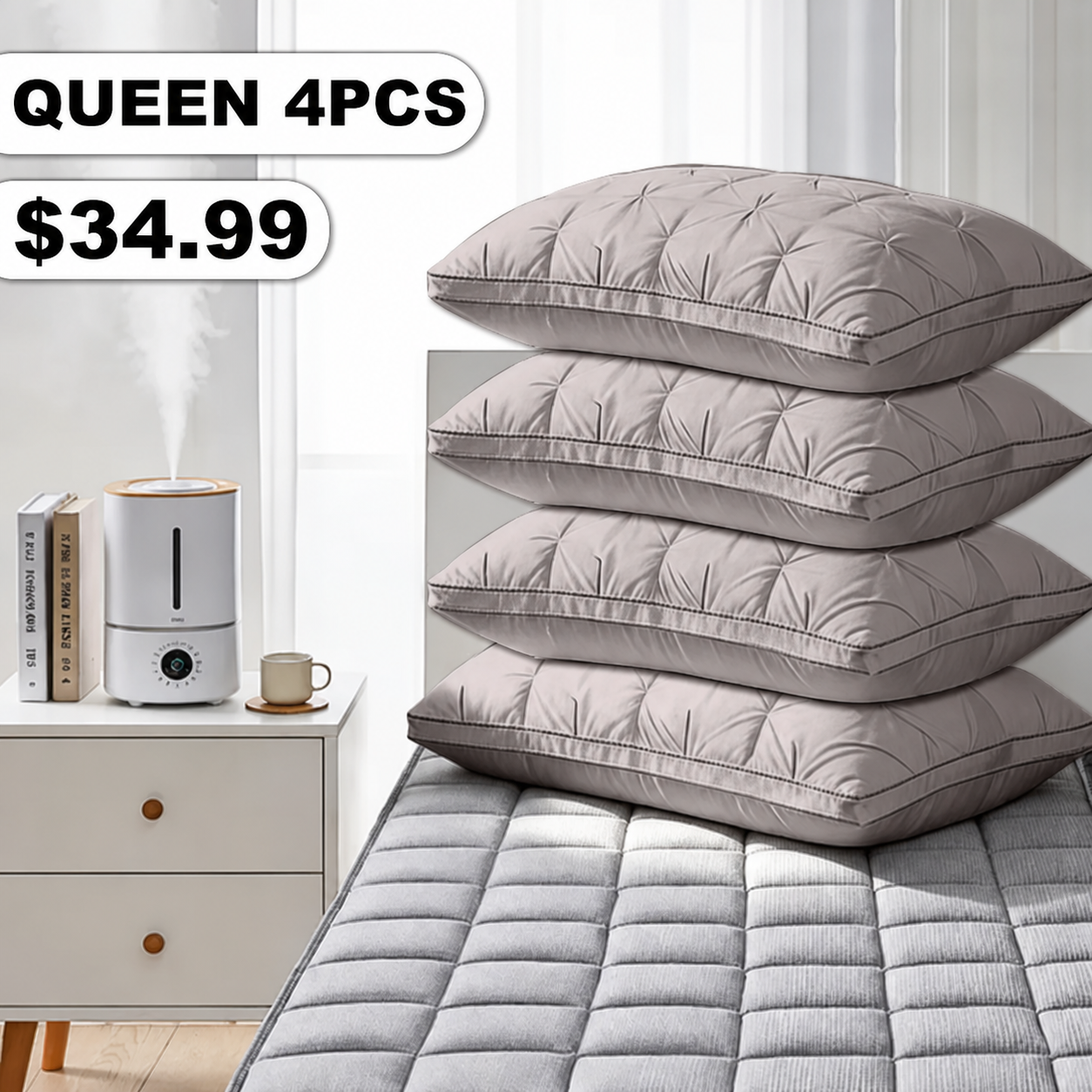 Queen 4-Pack Gray Tufted Polyester Bed Pillow Set