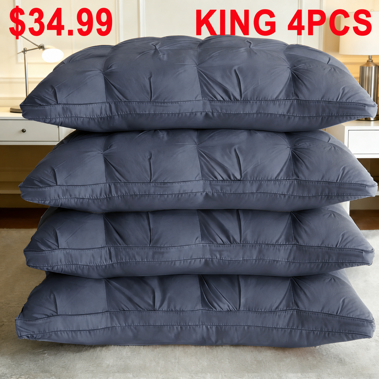 King 4-Pack Navy Blue Tufted Polyester Bed Pillow Set