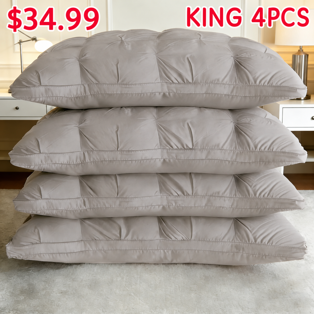 King 4-Pack Gray Tufted Polyester Bed Pillow Set