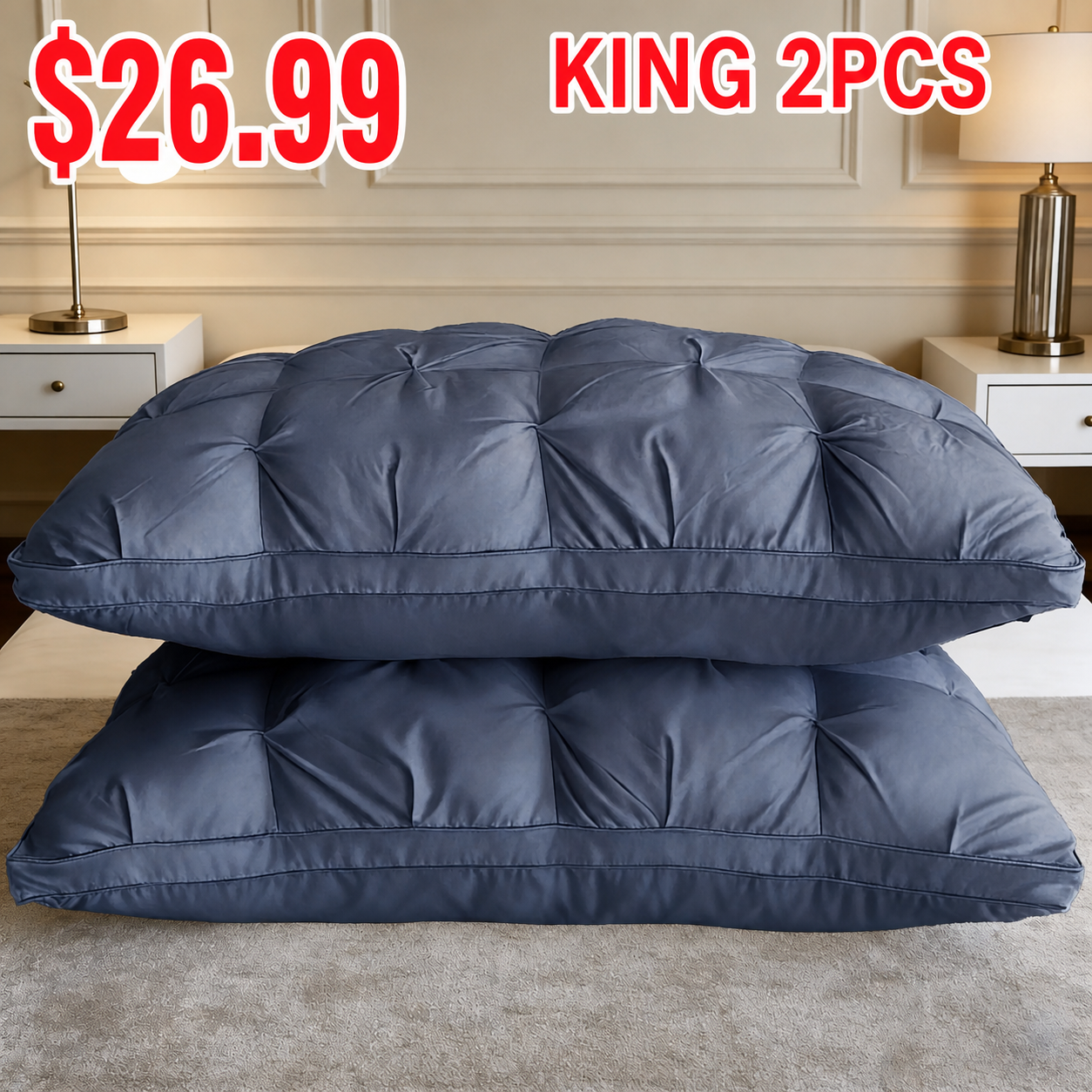 King 2-Pack Navy Blue Tufted Polyester Bed Pillow Set