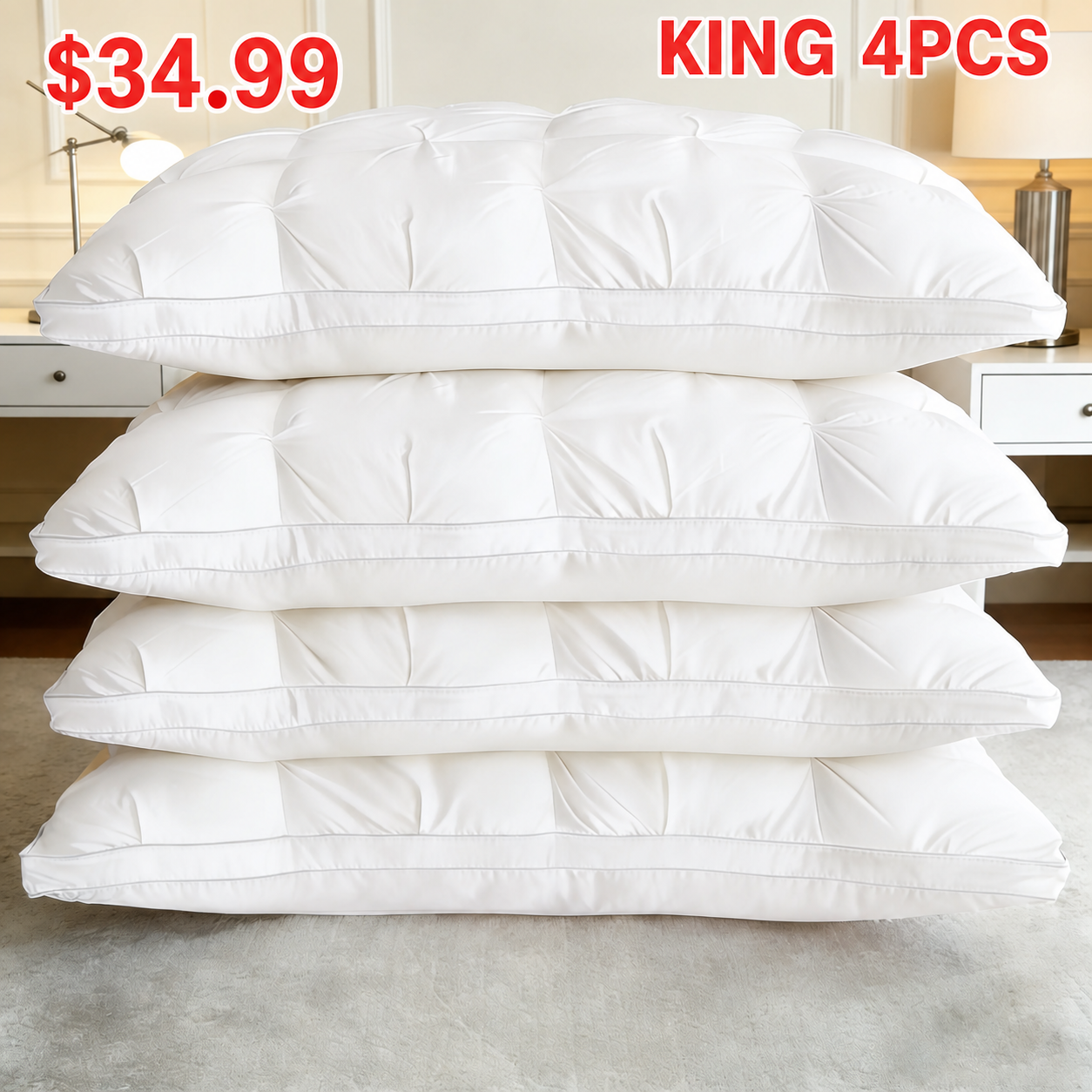 King 4-Pack White Tufted Polyester Bed Pillow Set