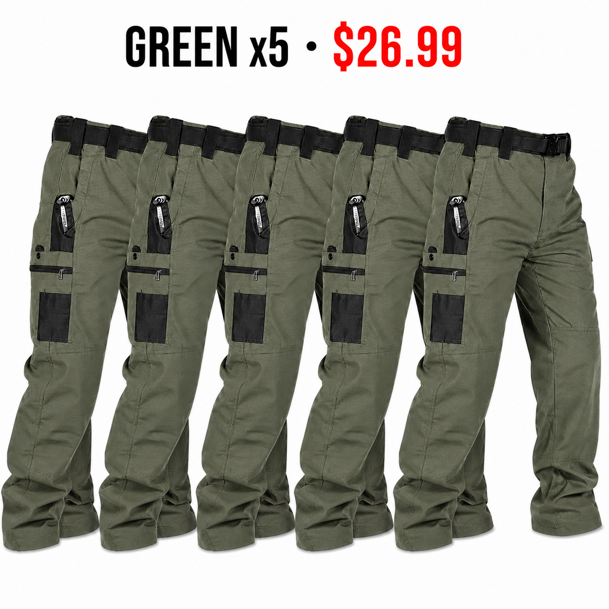 Green x5 tactical cargo pants - 5-Pack $26.99