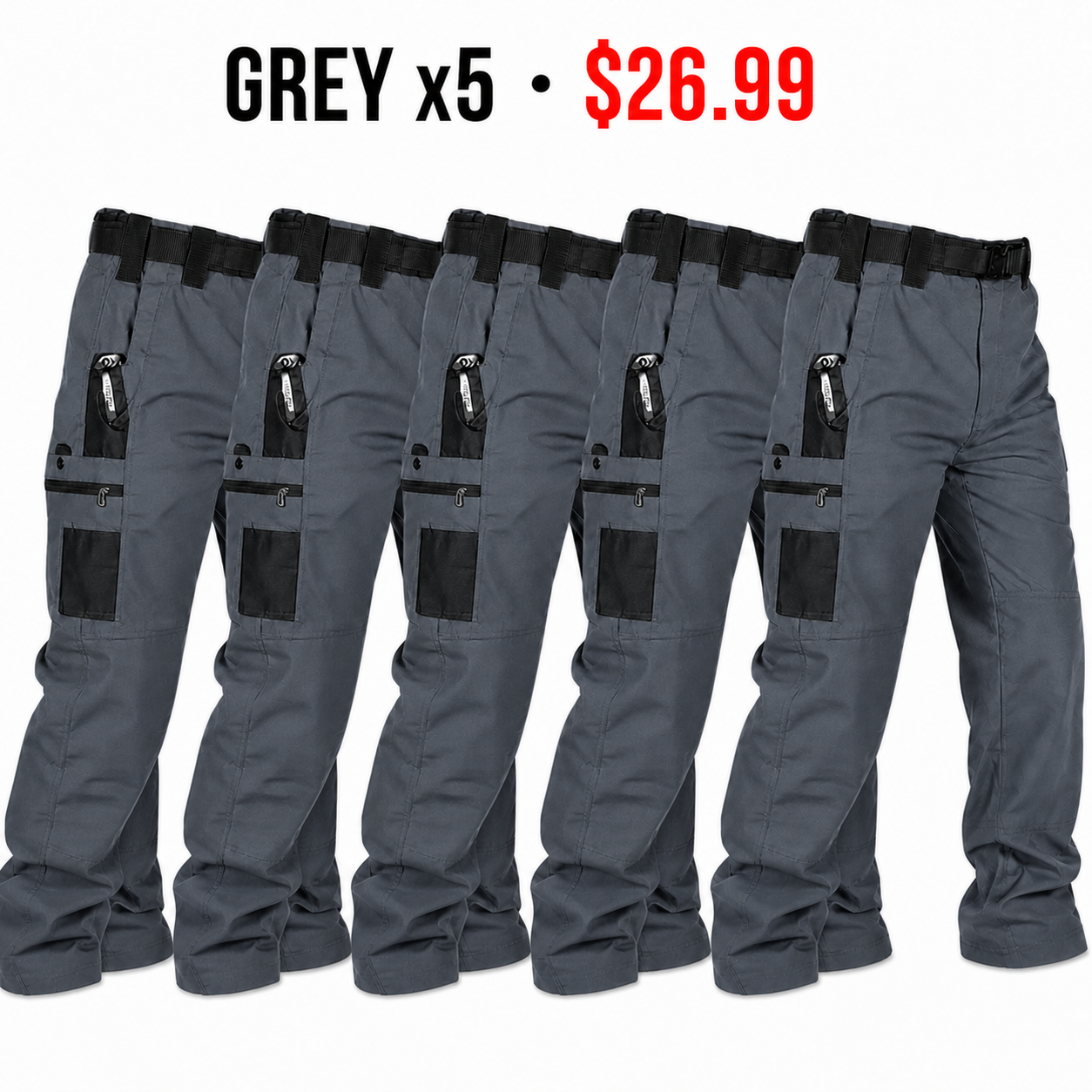 Grey x5 tactical cargo pants - 5-Pack $26.99