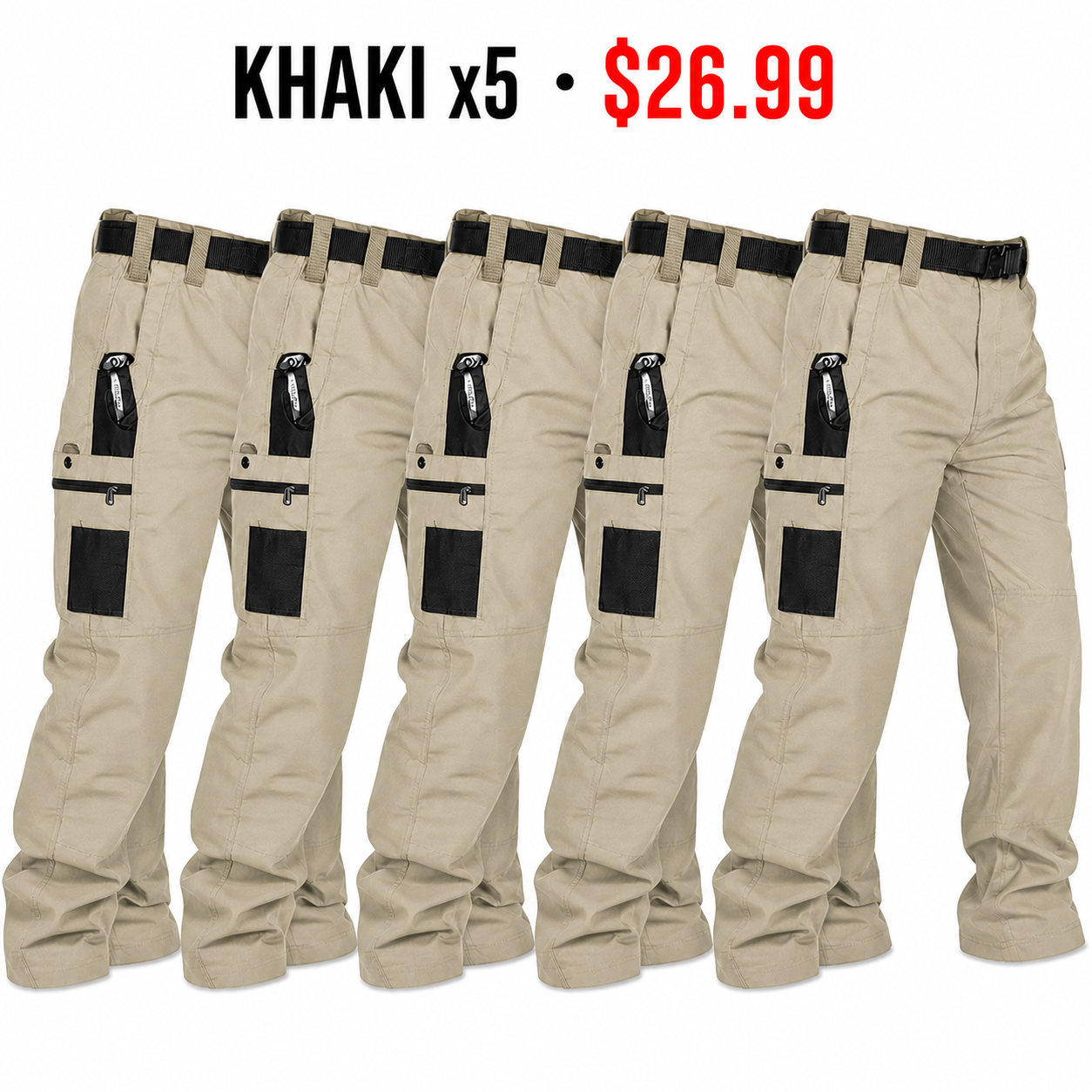 Khaki x5 tactical cargo pants - 5-Pack $26.99