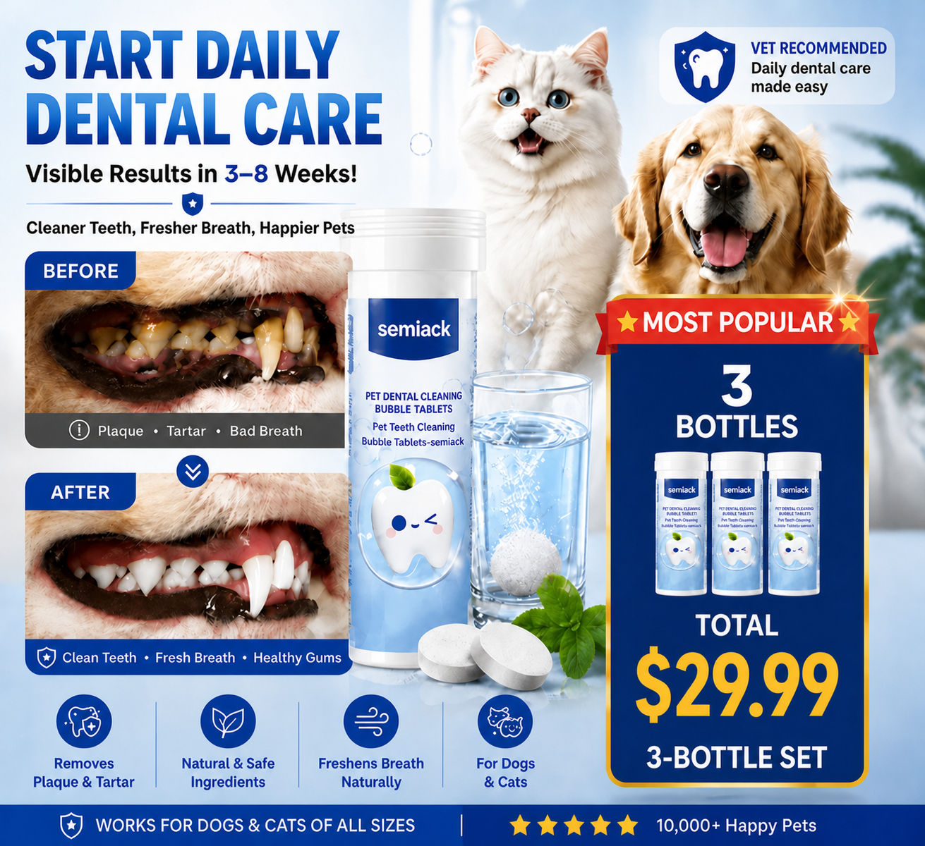 semiack pet dental water tablets, three-bottle bundle for $29.99