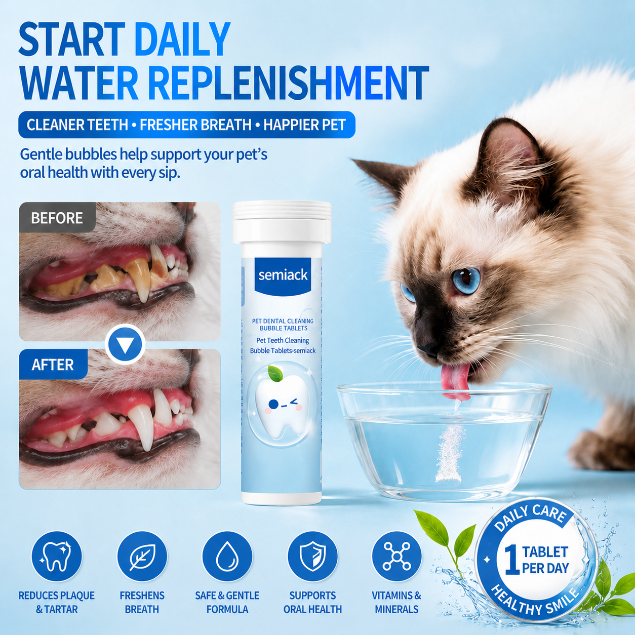 semiack pet dental tablets with daily care illustrations