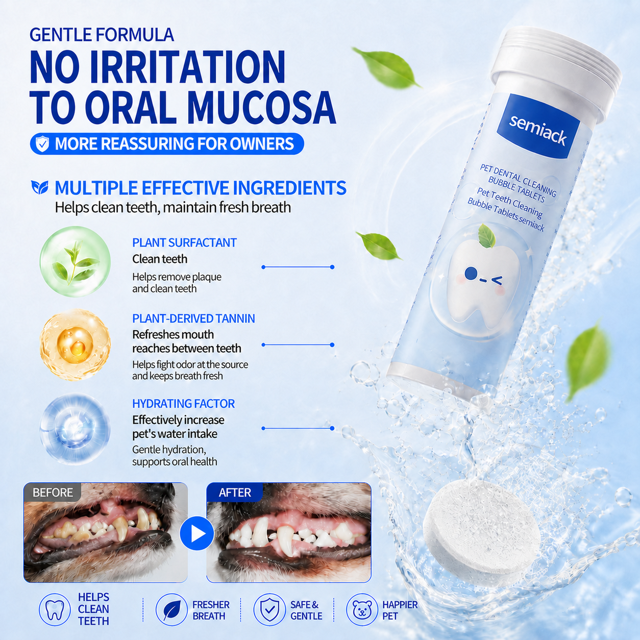 semiack pet dental tablets and ingredient information illustration