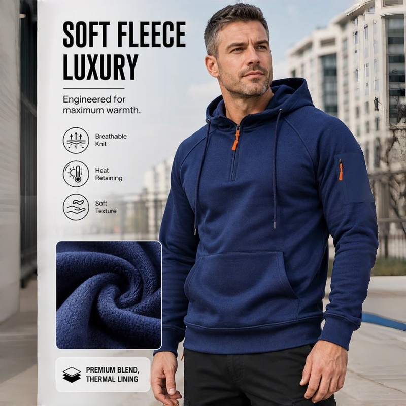 Men's Casual Hooded Sweatshirt with Zipper and Large Pockets