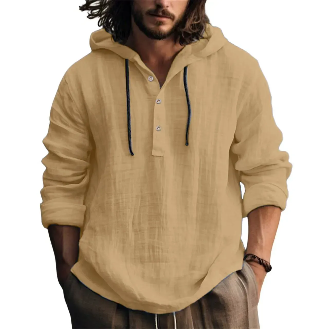 Unisfree Men's Cotton Linen Hooded Sweater Long Sleeve Shirt