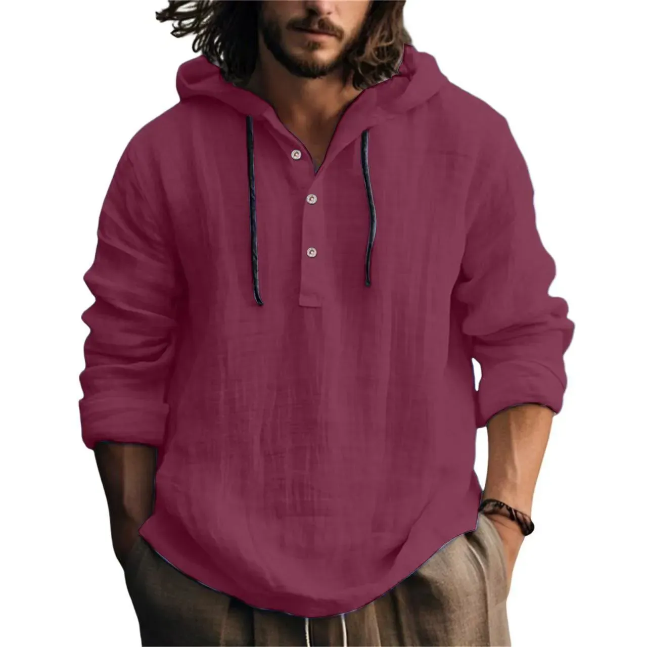 Unisfree Men's Cotton Linen Hooded Sweater Long Sleeve Shirt
