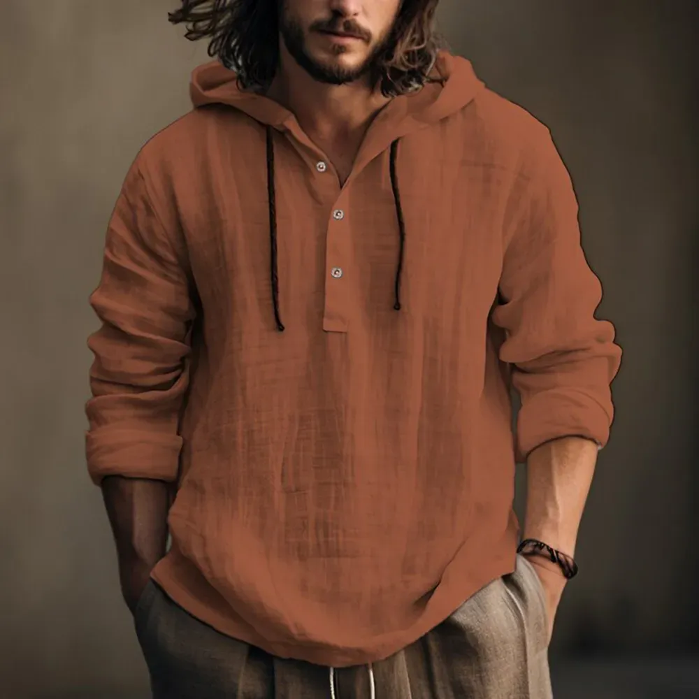 Unisfree Men's Cotton Linen Hooded Sweater Long Sleeve Shirt