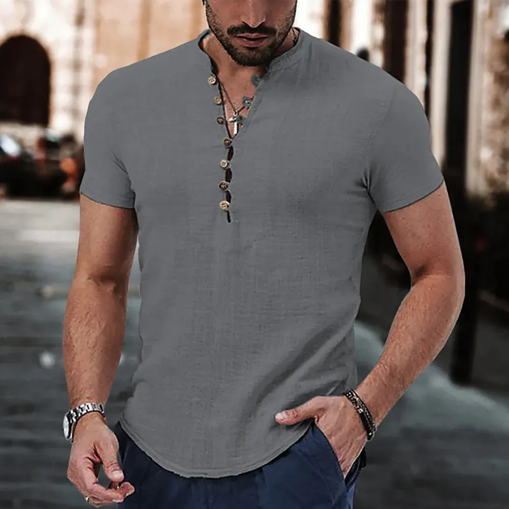 Unisfree Men's Cotton Linen V-Neck Button-Down Short-Sleeved Shirt