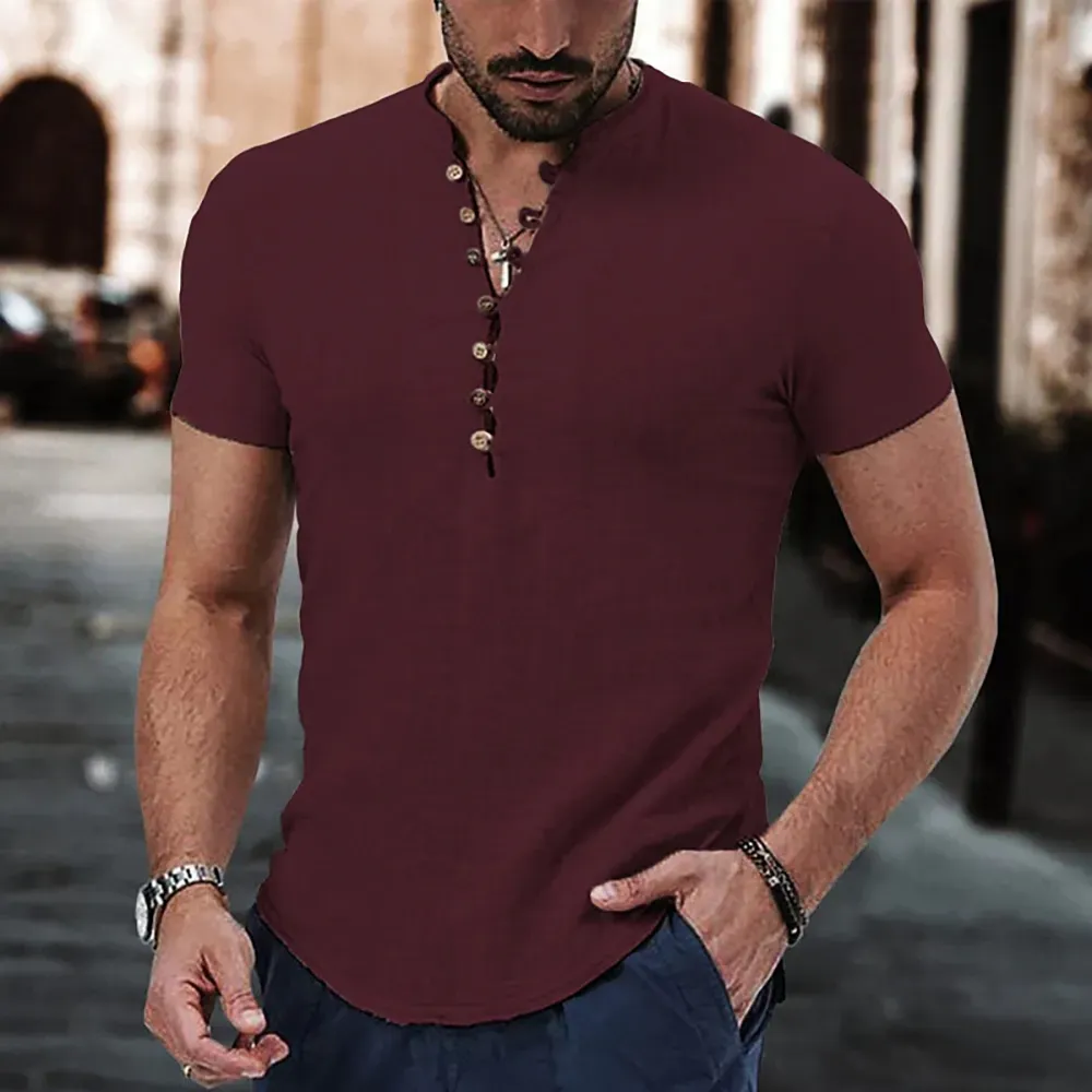 Unisfree Men's Cotton Linen V-Neck Button-Down Short-Sleeved Shirt