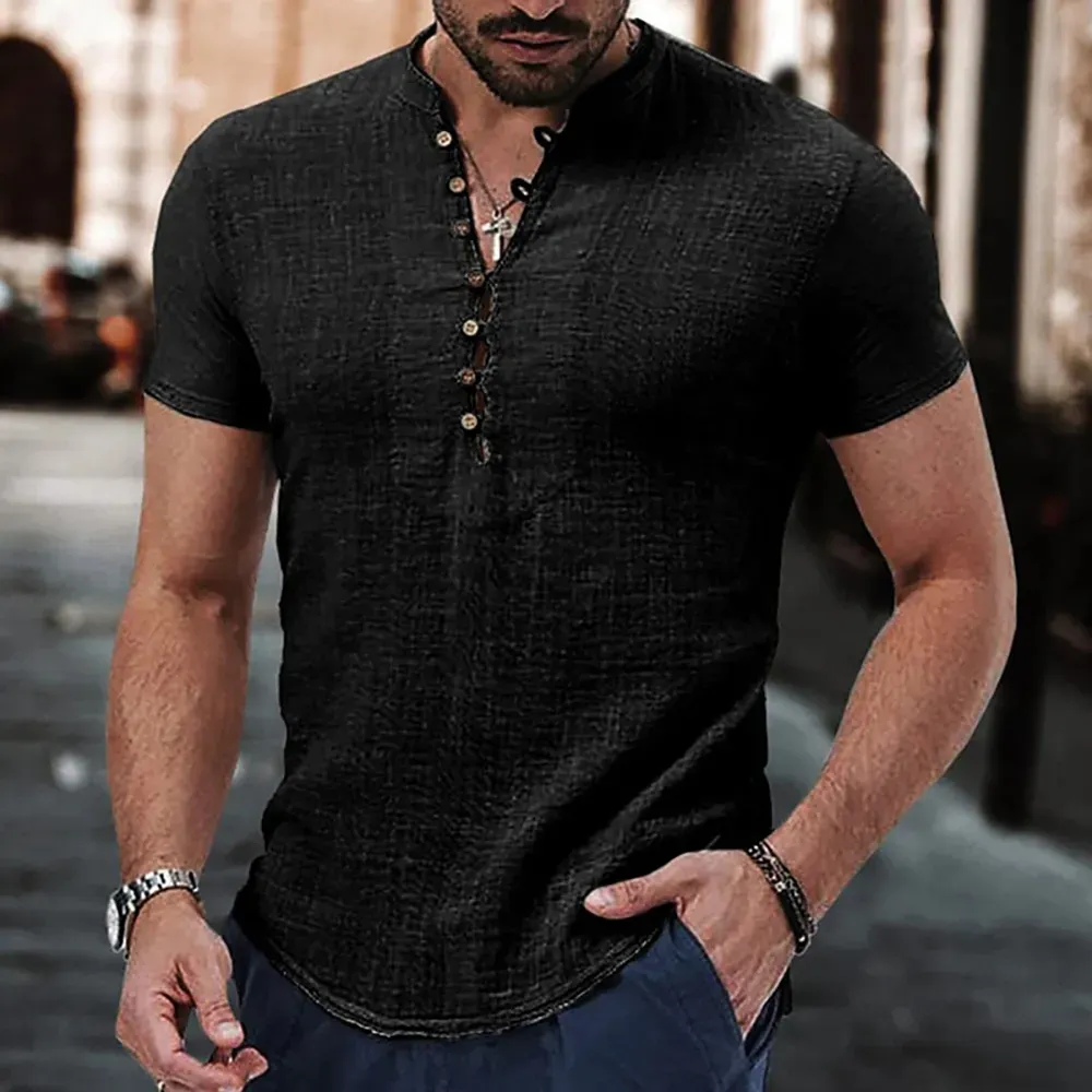 Unisfree Men's Cotton Linen V-Neck Button-Down Short-Sleeved Shirt