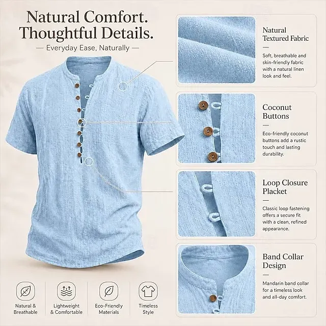 Unisfree Men's Cotton Linen V-Neck Button-Down Short-Sleeved Shirt