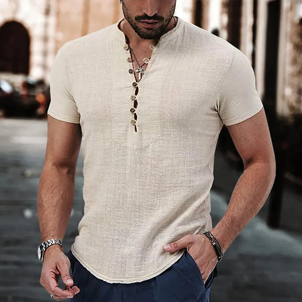 Unisfree Men's Cotton Linen V-Neck Button-Down Short-Sleeved Shirt