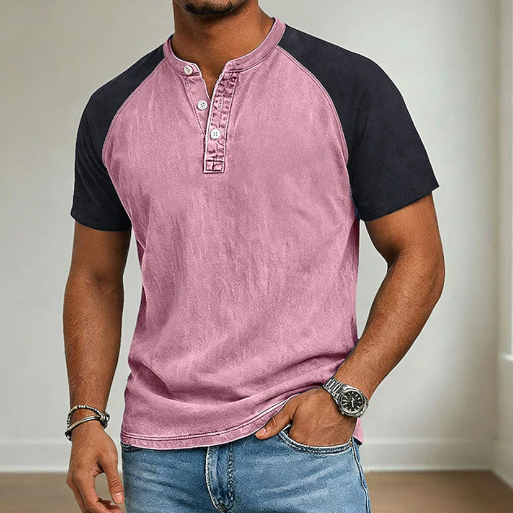 Color Block Raglan Sleeve Washed Denim Henley Tee For Men