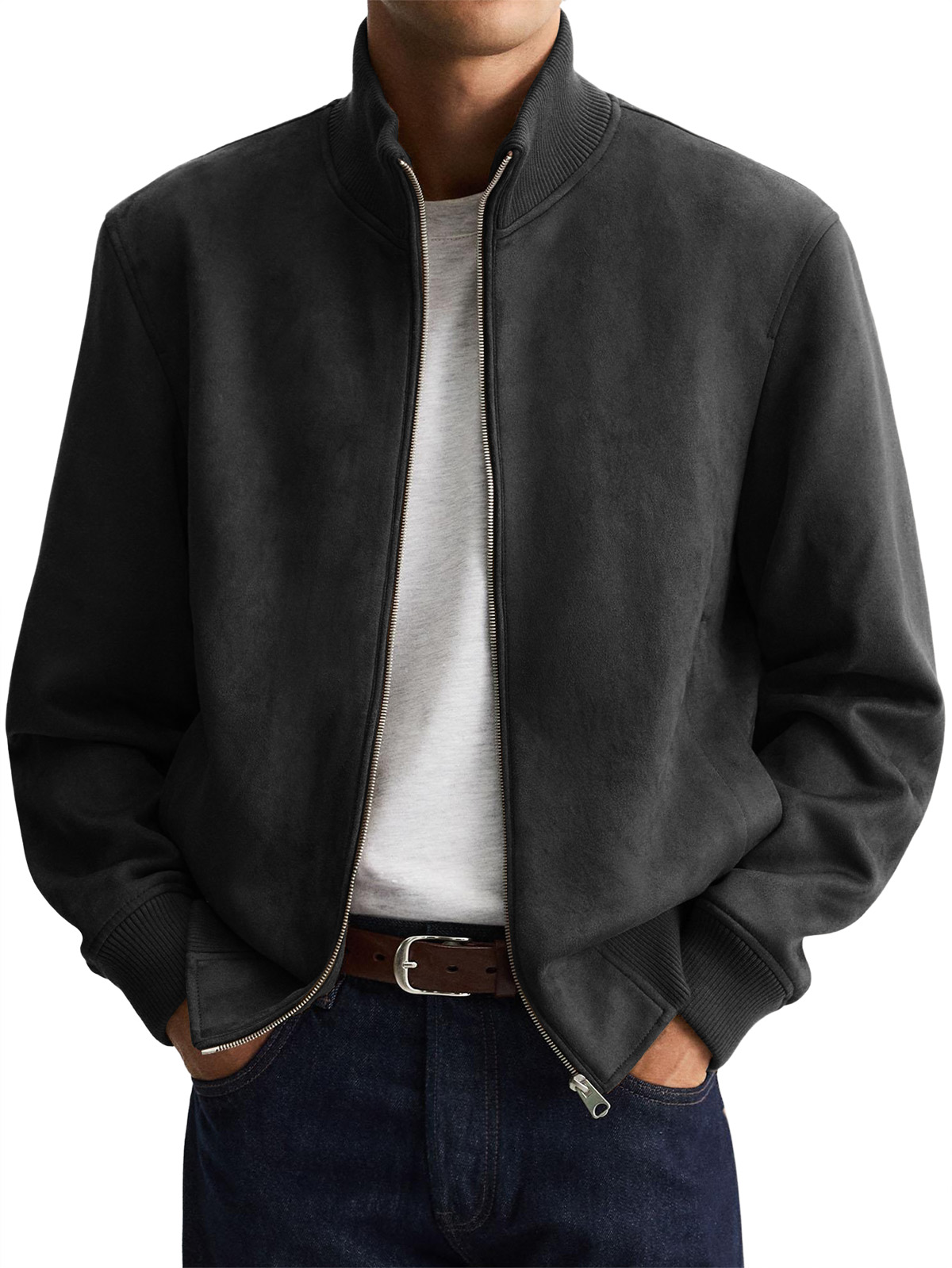 Herren-Wildlederjacke mit Stehkragen und Reißverschluss