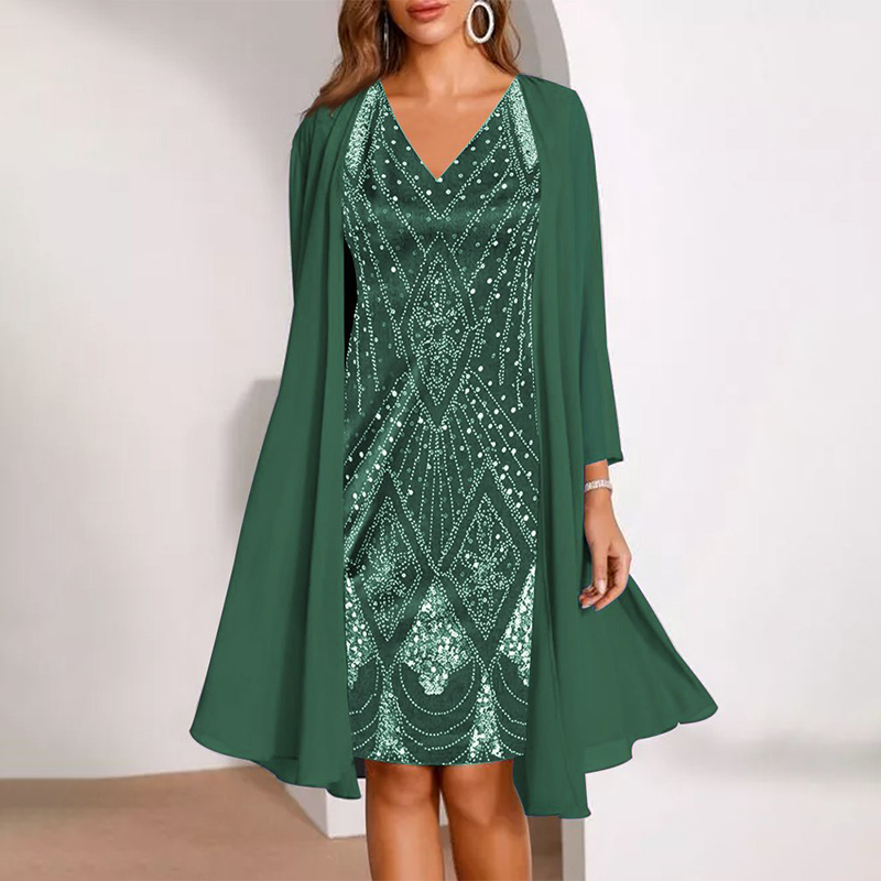 Elvara™ - Ensemble deux pièces pour femmes avec robe à décolleté en V et manteau transparent long assorti