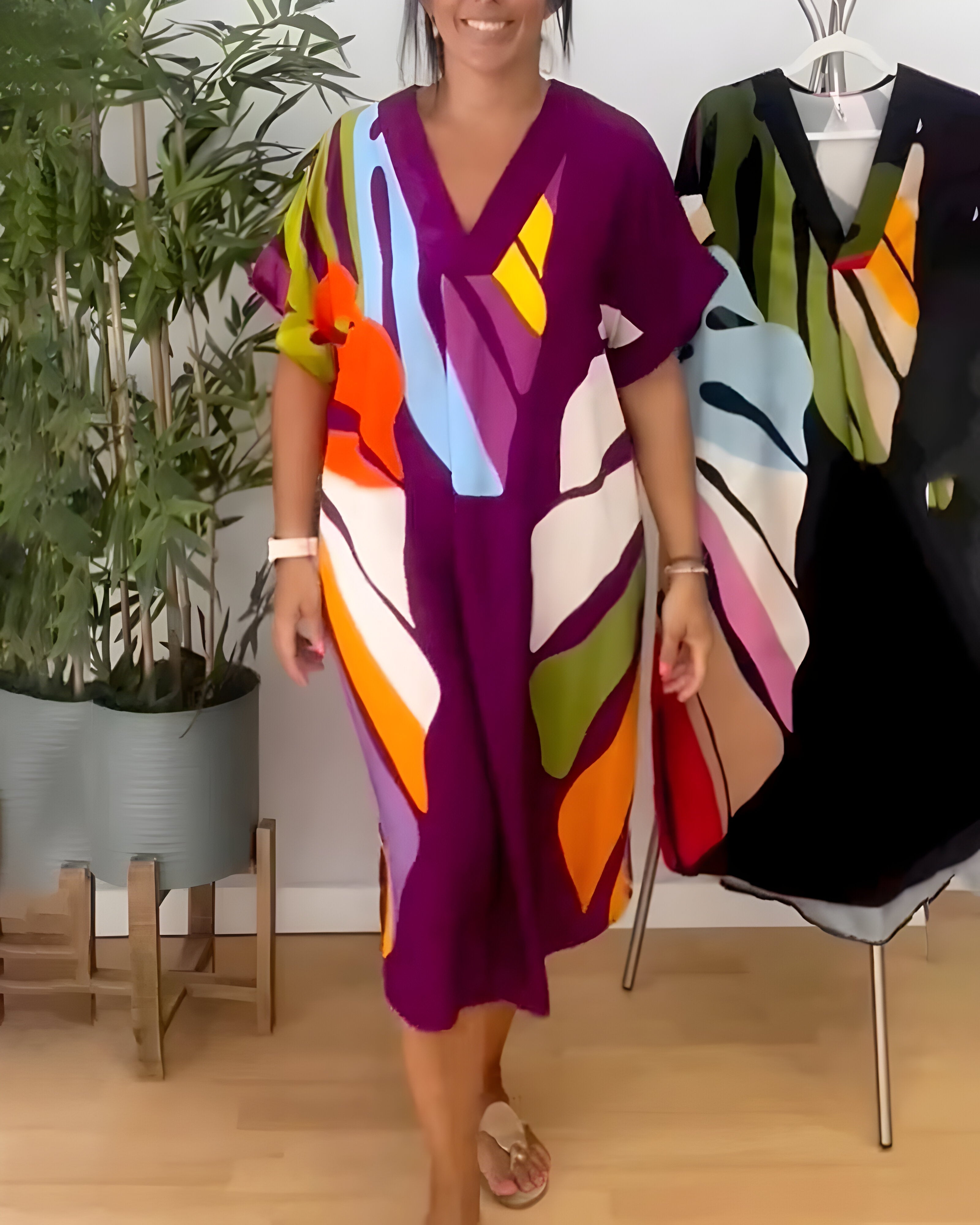 Leafara™ - Robe décontractée avec un motif de feuilles colorées