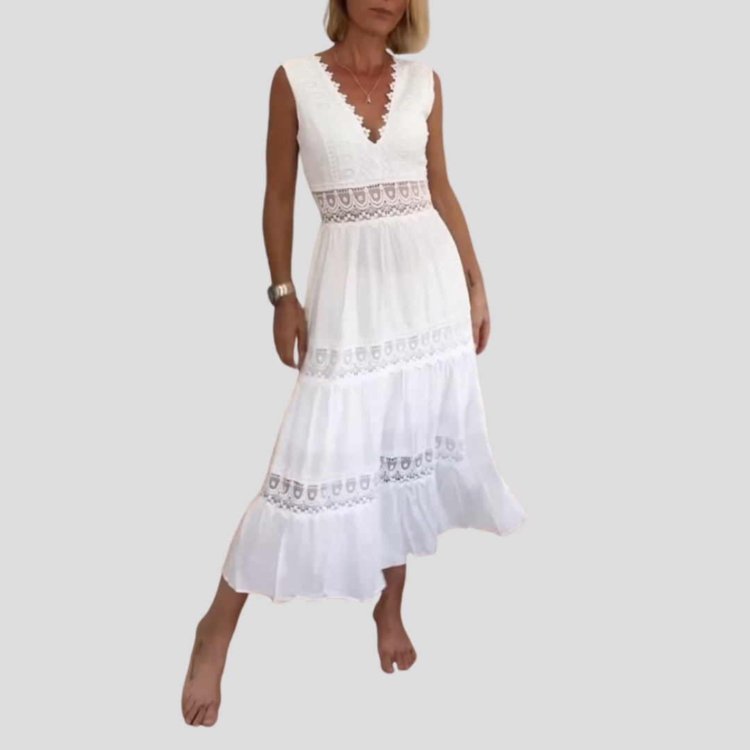 Sora™ – Robe midi sans manches Boho avec détails en dentelle