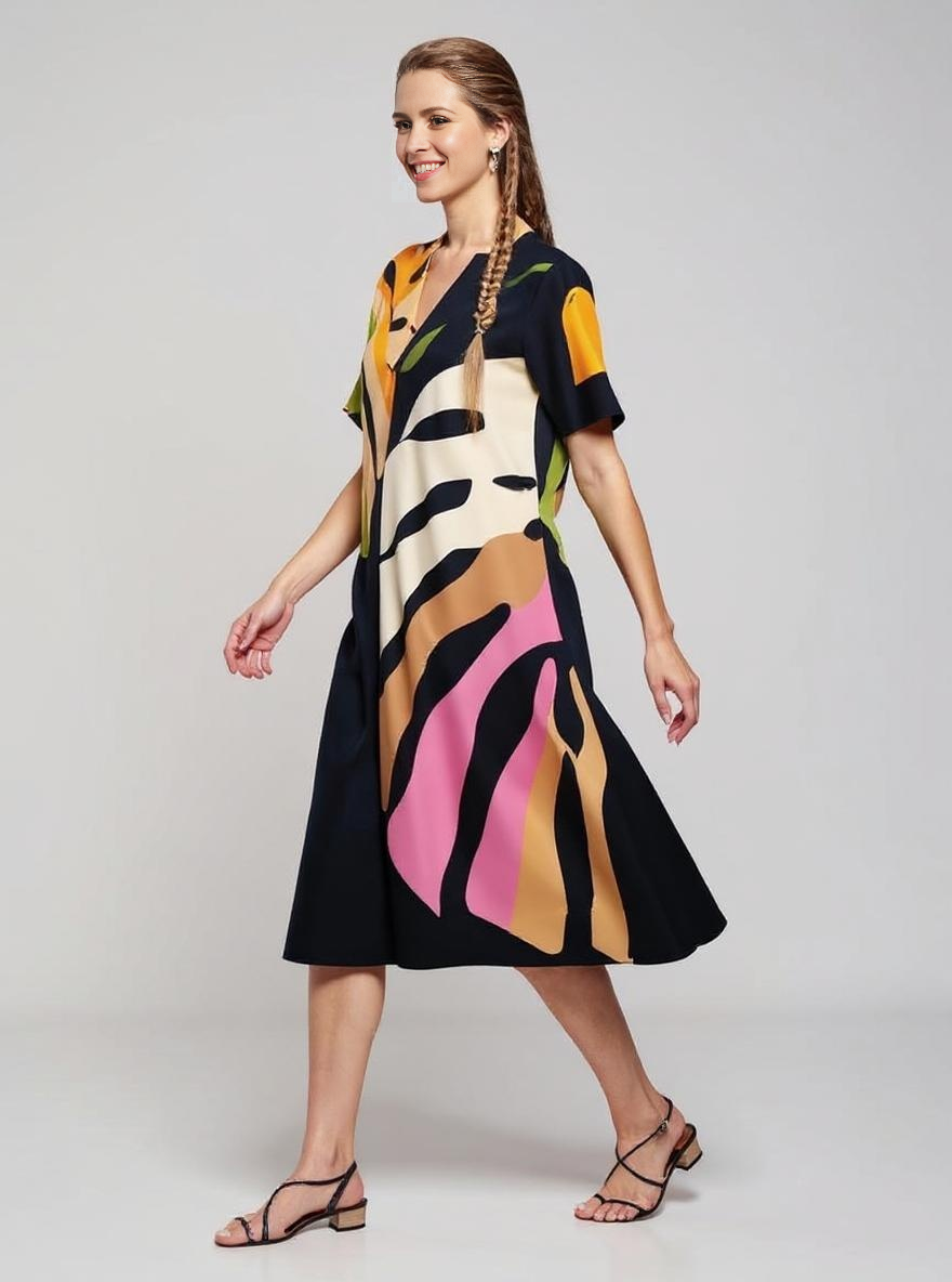 Leafara™ - Robe décontractée avec un motif de feuilles colorées