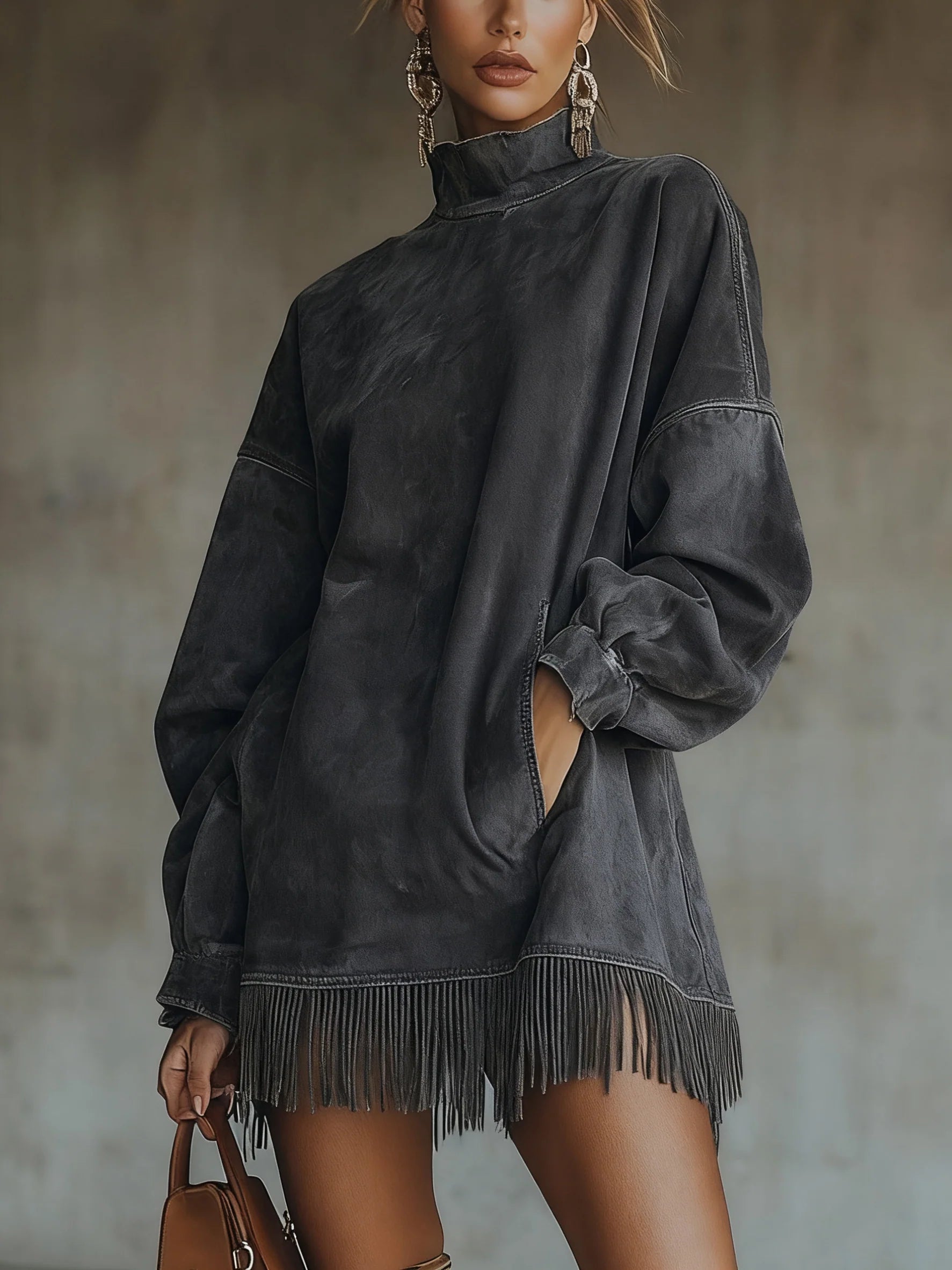 Janine™ - Robe courte à manches longues et franges
