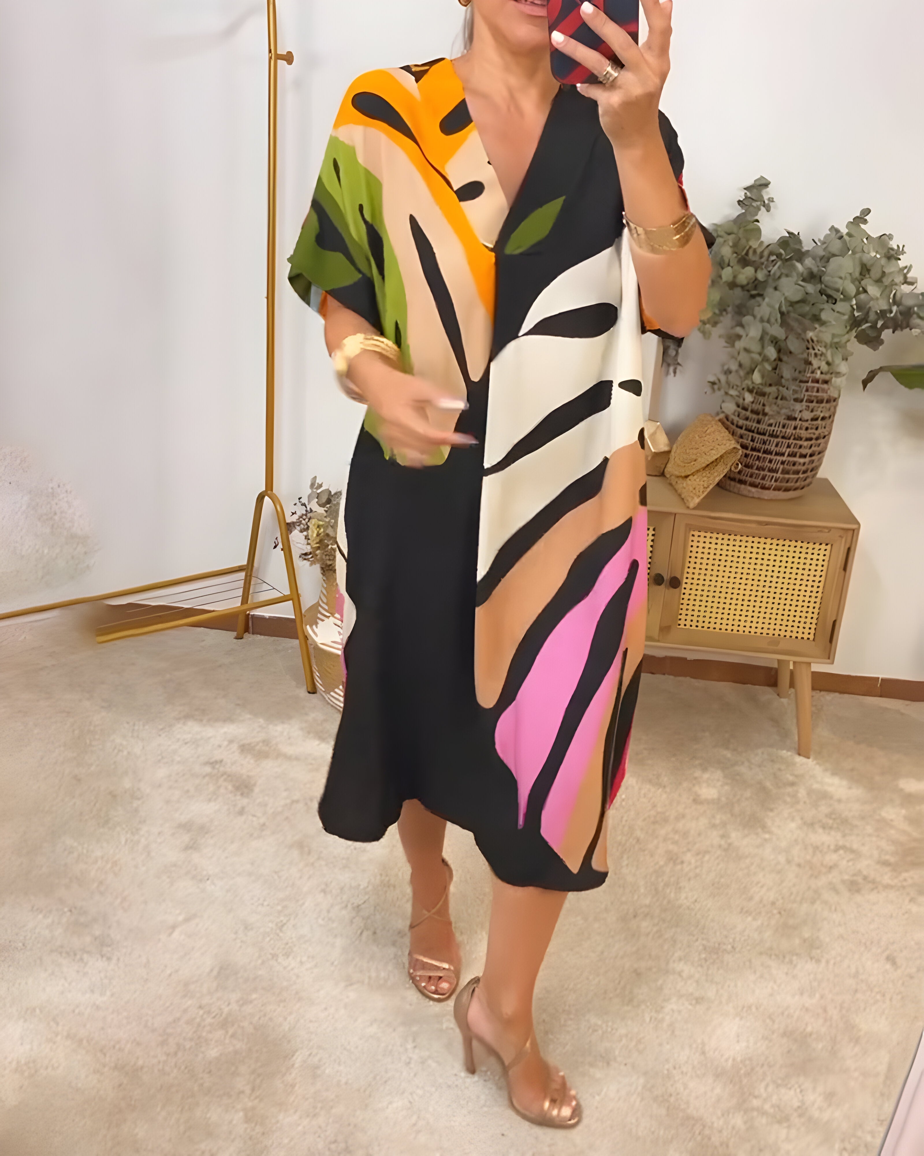 Leafara™ - Robe décontractée avec un motif de feuilles colorées