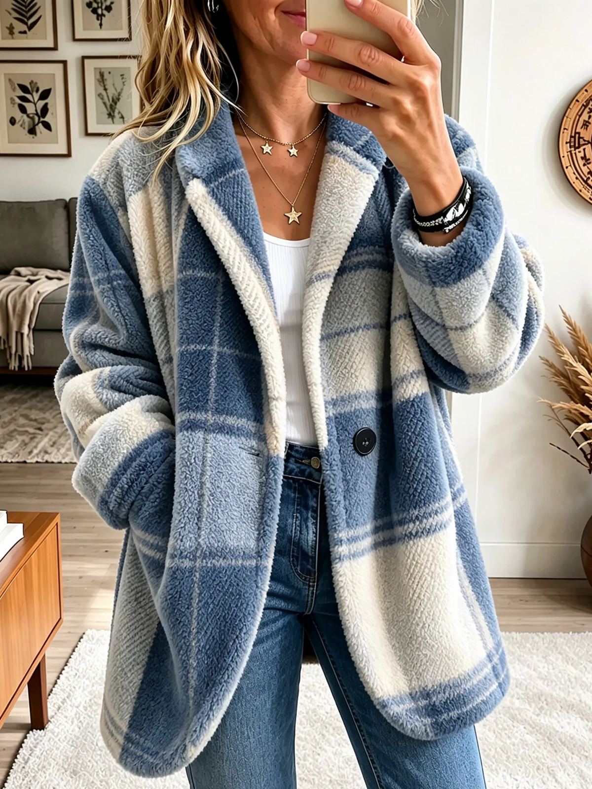 Bunte karierte, flauschige Fleecejacke