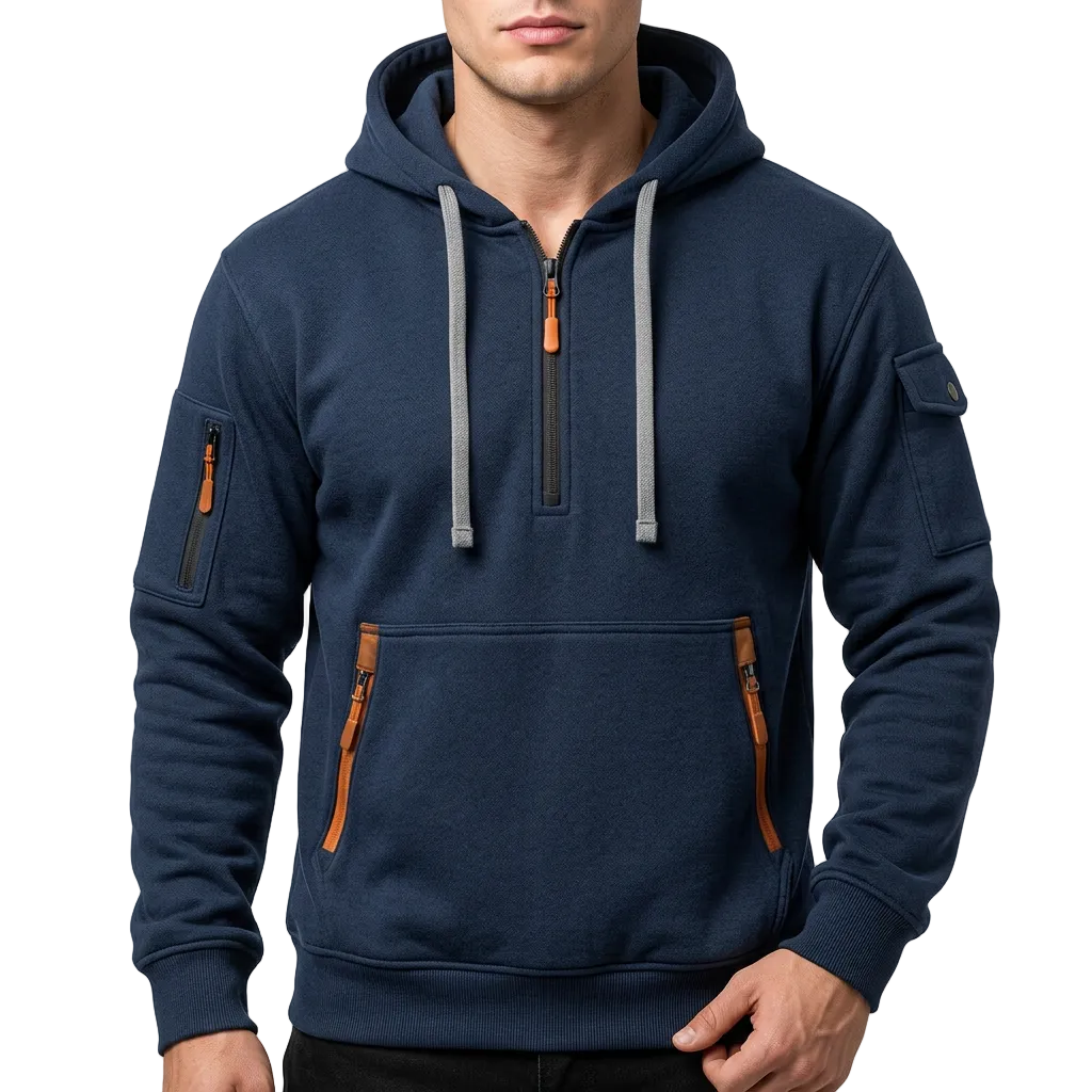 Herren-Kapuzenpullover mit Reißverschluss-Kängurutasche und praktischer Ärmeltasche
