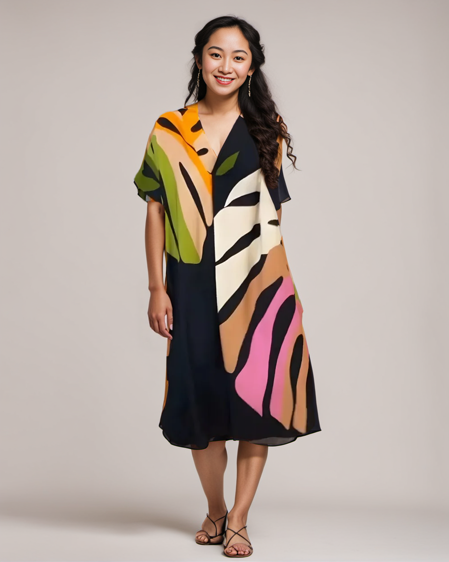 Leafara™ - Robe décontractée avec un motif de feuilles colorées