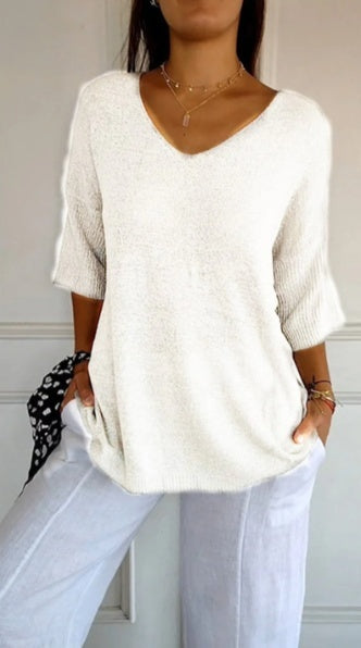 Hannah™ | Blouse en tricot unie pour femmes avec des manches 3/4 et un décolleté en V.