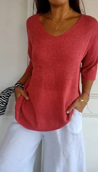 Hannah™ | Blouse en tricot unie pour femmes avec des manches 3/4 et un décolleté en V.