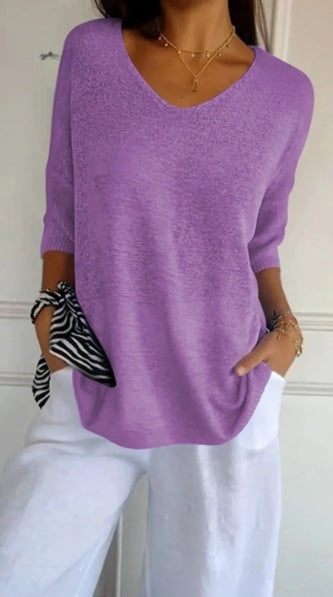 Hannah™ | Blouse en tricot unie pour femmes avec des manches 3/4 et un décolleté en V.
