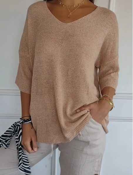 Hannah™ | Blouse en tricot unie pour femmes avec des manches 3/4 et un décolleté en V.