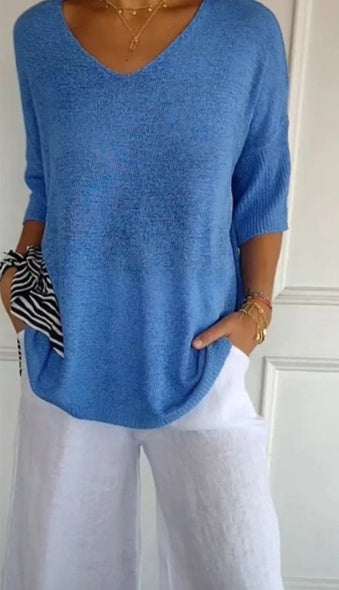 Hannah™ | Blouse en tricot unie pour femmes avec des manches 3/4 et un décolleté en V.