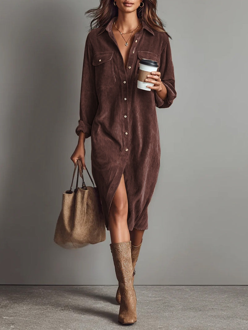 Jessy™ – Robe midi élégante en velours doux avec poches poitrine