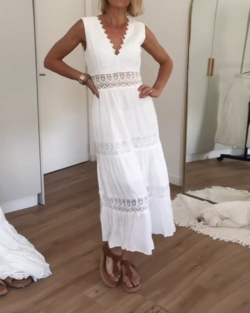 Sora™ – Robe midi sans manches Boho avec détails en dentelle