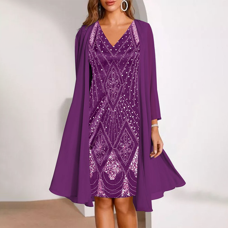 Elvara™ - Ensemble deux pièces pour femmes avec robe à décolleté en V et manteau transparent long assorti