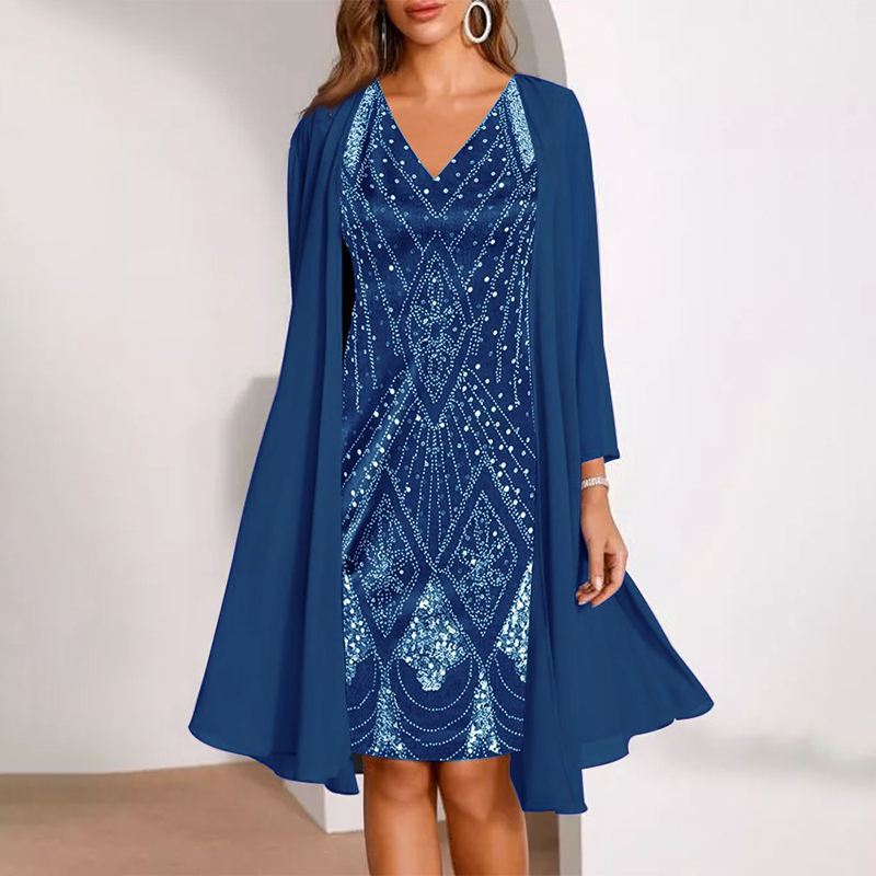 Elvara™ - Ensemble deux pièces pour femmes avec robe à décolleté en V et manteau transparent long assorti