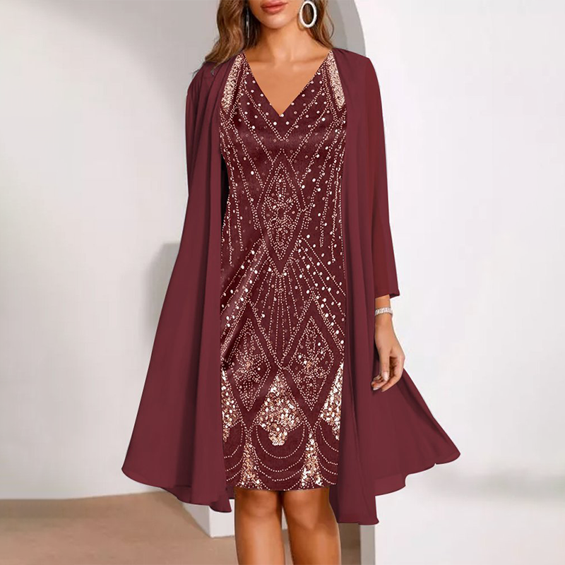 Elvara™ - Ensemble deux pièces pour femmes avec robe à décolleté en V et manteau transparent long assorti